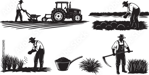 Farmer working in field with tractor and tools illustration