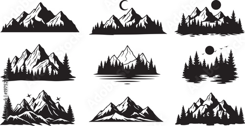 Mountain Landscape Silhouette Vector Illustrations Set