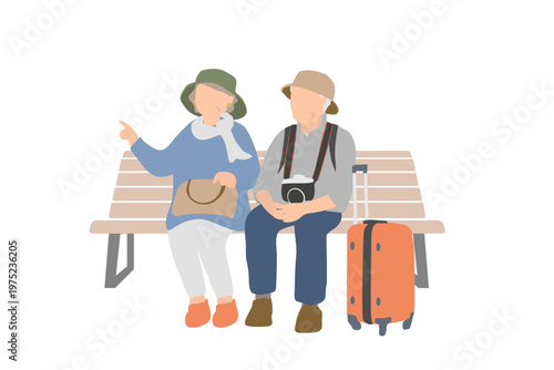 シニア夫婦の旅行休憩 ベンチで座って会話する高齢者 観光イメージ