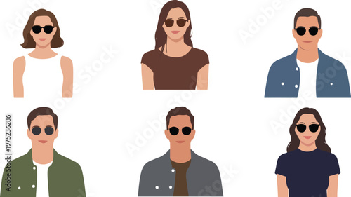 Flat minimalist illustration of diverse people in casual clothing arranged in two rows