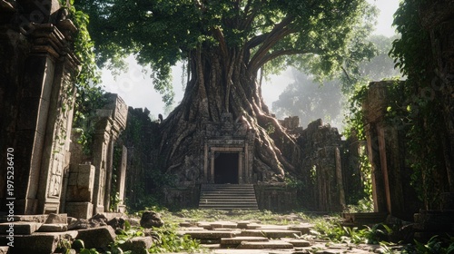 Ancient temple ruins, overgrown by a giant tree, atmospheric lighting, stone architecture