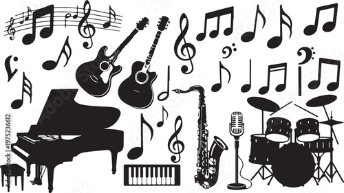 Musical Instruments and Notes in Black and White Silhouette