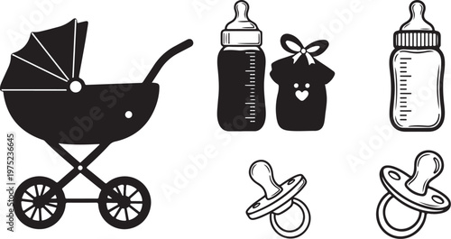 Baby Care Essentials Stroller and Feeding Accessories Illustration Set