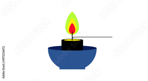 Burning Candle Flame in Blue Bowl, Simple Illustration, White Background