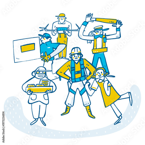 現代社会の強固な基盤を創り出すブルーワーカー・エッセンシャルワーカーの団結と協力 活気あるチームワークの手書きベクターイラスト