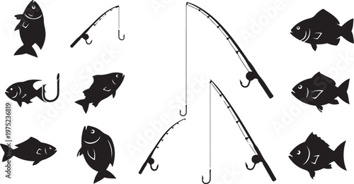 Fishing Rods and Fish Silhouettes on White Background Illustration