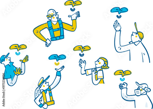 希望の若葉を育み未来を創るブルーワーカー・エッセンシャルワーカーの将来性と人材育成 ポジティブな成長とSDGs概念の手書きベクターイラスト