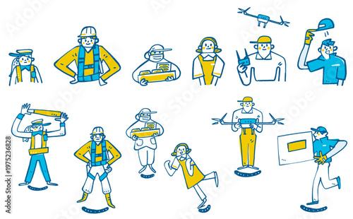 社会の基盤を支えるブルーワーカー・エッセンシャルワーカーの職業キャラクター全身・上半身バリエーションセット 手書きベクターイラスト