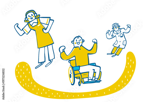 命と暮らしの自立を支えるエッセンシャルワーカー・ブルーワーカーの介護と医療の力強い連携 福祉の現場を描いた手書きベクターイラスト