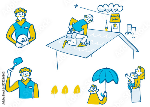 頼もしい大工さん。住まいの安心を技術で守る熟練ブルーワーカー・エッセンシャルワーカーの雨漏り修理と家族の信頼 手書きベクターイラスト