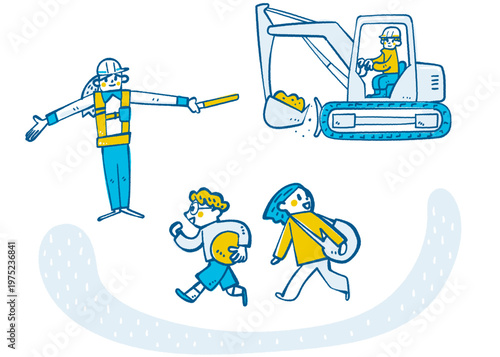 地域社会の安全を守り未来を育むブルーワーカー・エッセンシャルワーカーの建設現場と警備の見守り 手書きベクターイラスト