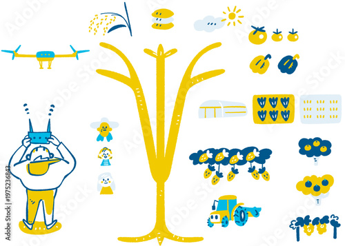 技術革新で食の未来を切り拓く新しい農業とブルーワーカー・エッセンシャルワーカーのスマート農業DX 手書きベクターイラスト