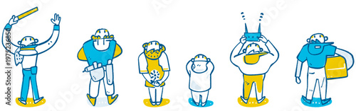 明るい未来を確信し高みを見据えるブルーワーカー・エッセンシャルワーカーの情熱と決意 志を共にするプロのポーズ集 手書きベクターイラスト