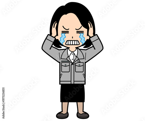 頭を抱えて涙を流すワンカールボブの事務員の女性