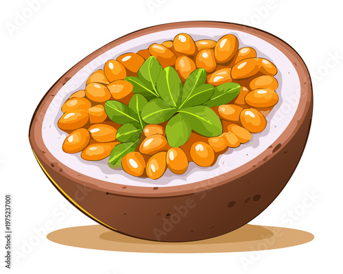 Exotic passion fruit half with golden seeds and pulp for refreshing tropical drink and healthy organic snack ideas - Vector Illustration