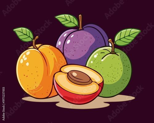 Dark bowl with peach plum and green pear for elegant fruit display and healthy organic snack lifestyle choices - Vector Illustration