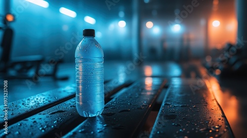 Bottle of water with condensation sits on bench in dimly lit gym, weights in the blurred background