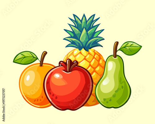 Pineapple red apple and green pear collection for tropical fruit platter and healthy organic dietary fiber intake - Vector Illustration