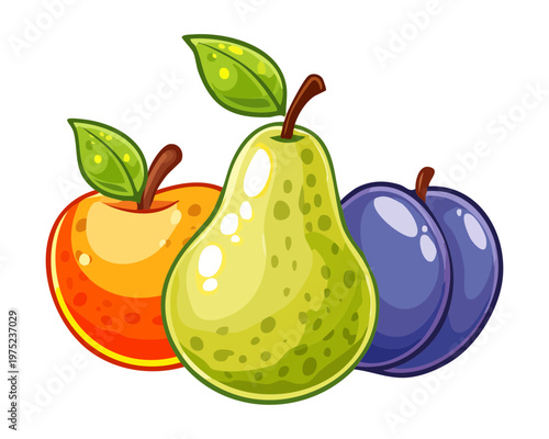 Green pear red apple and purple plum group for daily vitamin intake and organic farm fresh produce selection - Vector Illustration