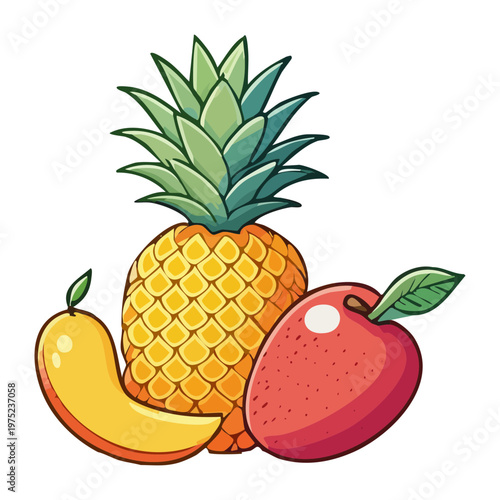 Tropical pineapple with mango and red apple for sweet exotic fruit salad and healthy organic vitamin intake - Vector Illustration