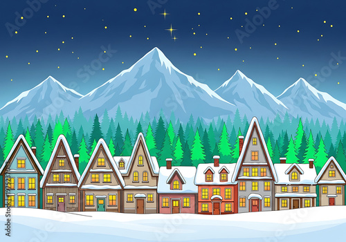 Enchanting Alpine Village Dreamscape Cozy Homes Nestled Among Snow-Capped Mountains Beneath a Starry Winter Sky