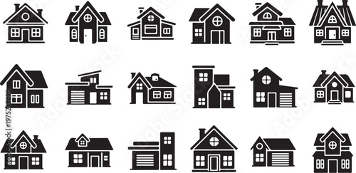 Black and white house icons on a clean background