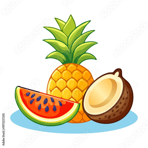 Sliced watermelon with pineapple and coconut for refreshing tropical snack and healthy organic summer fruit dessert - Vector Illustration