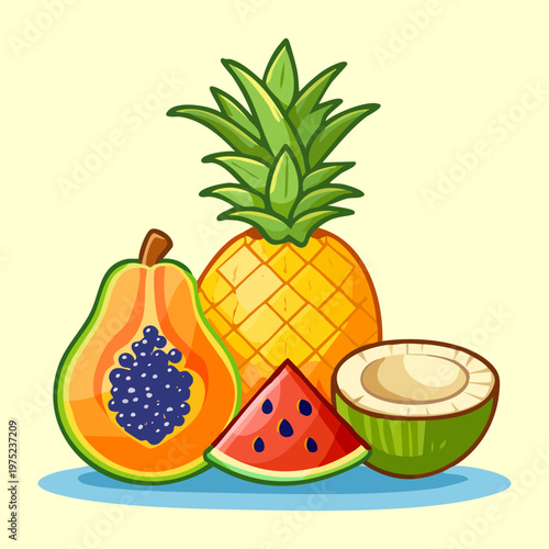 Pineapple papaya and watermelon for tropical fruit feast and healthy organic vitamin intake for summer wellness - Vector Illustration
