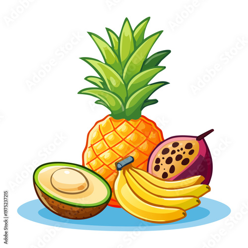 Tropical fruit mix with pineapple banana and passion fruit for healthy organic breakfast and vitamin rich snack - Vector Illustration