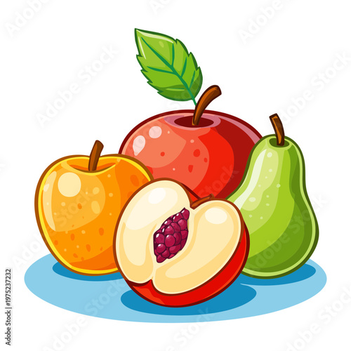 Apple pear and peach for autumn fruit harvest and healthy organic snack for balanced daily diet choices - Vector Illustration