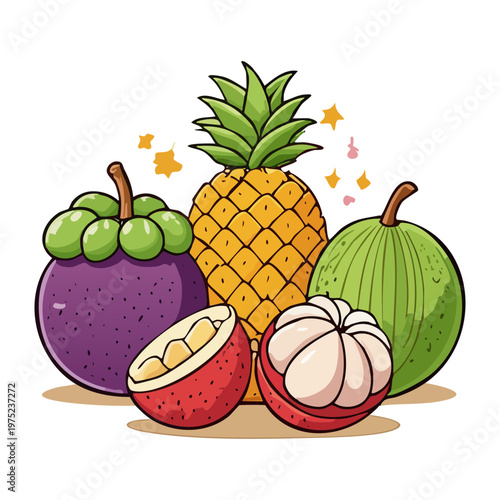 Mangosteen and pineapple for tropical fruit blend and healthy organic juice ingredients for refreshing summer drinks daily - Vector Illustration