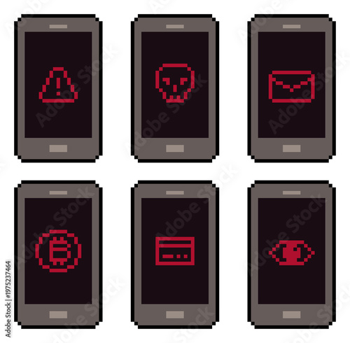 8-bit pixel art smartphone cyber crime and security screen set