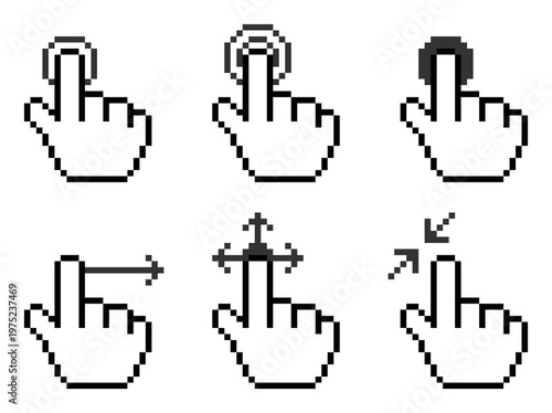 8-bit pixel art smartphone gesture icon set