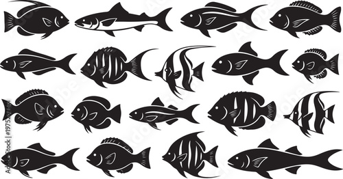 Collection of various fish silhouettes on white background illustration