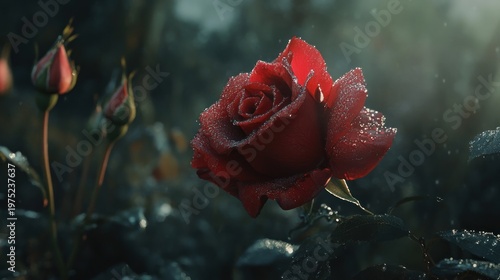 A vibrant, water-droplet-covered red rose blooms amidst other buds in a misty garden