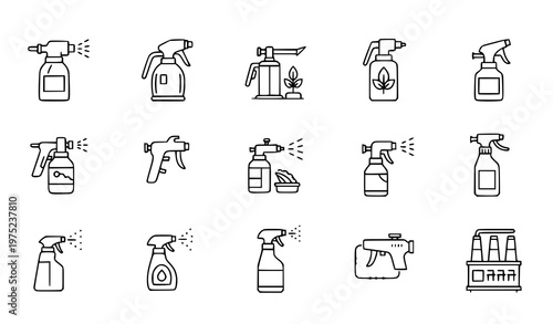 Spray Bottle and Sprayer Line Icons Set Paint Garden Cleaning Spray Outline Vector Collection