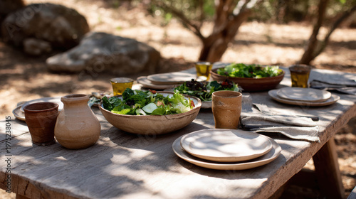 A well-set table outdoors, ready for a meal, showcasing a rustic, natural ambiance. The table is adorned with plates, bowls of salad, and glasses, creating an inviting scene