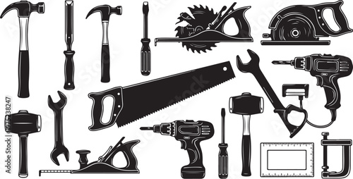 Collection of various tools and equipment for construction work