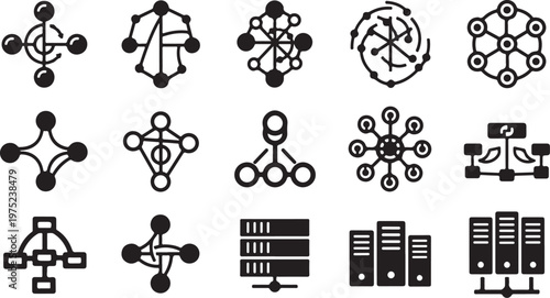 Black and white molecular structure and network connection icons