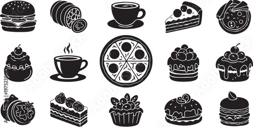 Variety of Desserts and Fast Food Icons in Black