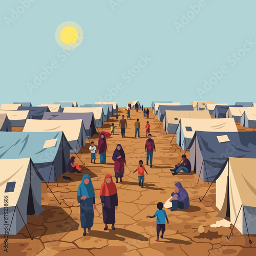 People in a refugee camp scene.