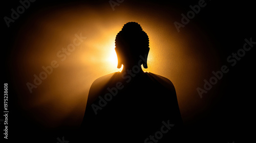 A serene image of the silhouette of Buddha against a radiant sun, symbolizing enlightenment and inner peace. The soft light creates a peaceful atmosphere. 