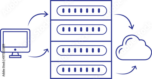 Illustration of computer connected to server racks and cloud storage with cloud computing server farm server architecture computer connectivity internet technology illustration transfer