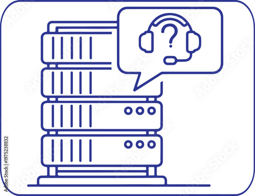 Illustration of server racks with a headset and question mark in a speech bubble call center customer service technical support help desk information request system administration question