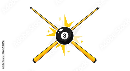 Eight Ball and Crossed Pool Cues with Starburst Effect - Billiards Game Icon