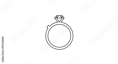 Minimalist diamond engagement ring icon, simple line art jewelry symbol on white background