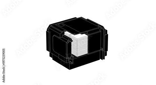 Black and white isometric modular hardware technical illustration