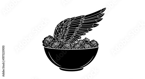 Surreal Wing and Roses in a Bowl Graphic Illustration