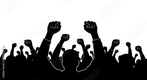 Silhouette of crowd with raised fists for protest and revolution