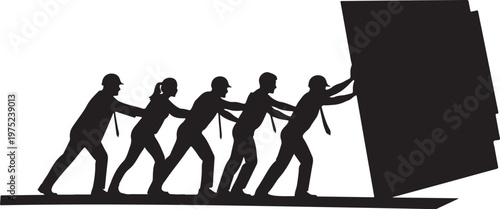 Silhouette of people pushing large object in teamwork concept